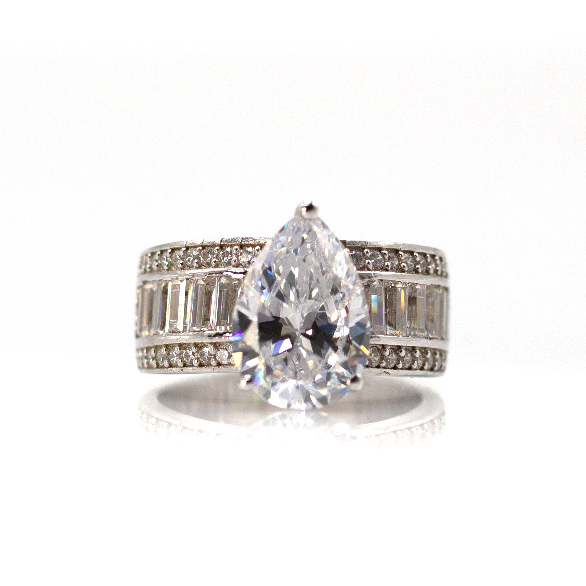 Pearshaped Solitaire & Baguette Zirconia Ring