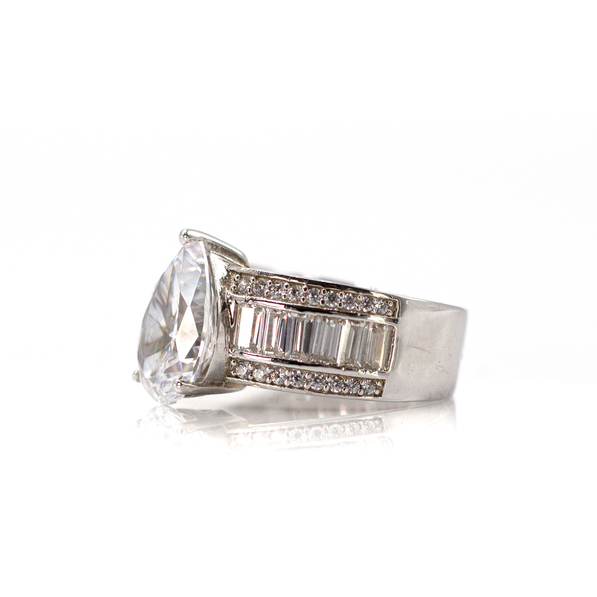 Pearshaped Solitaire & Baguette Zirconia Ring