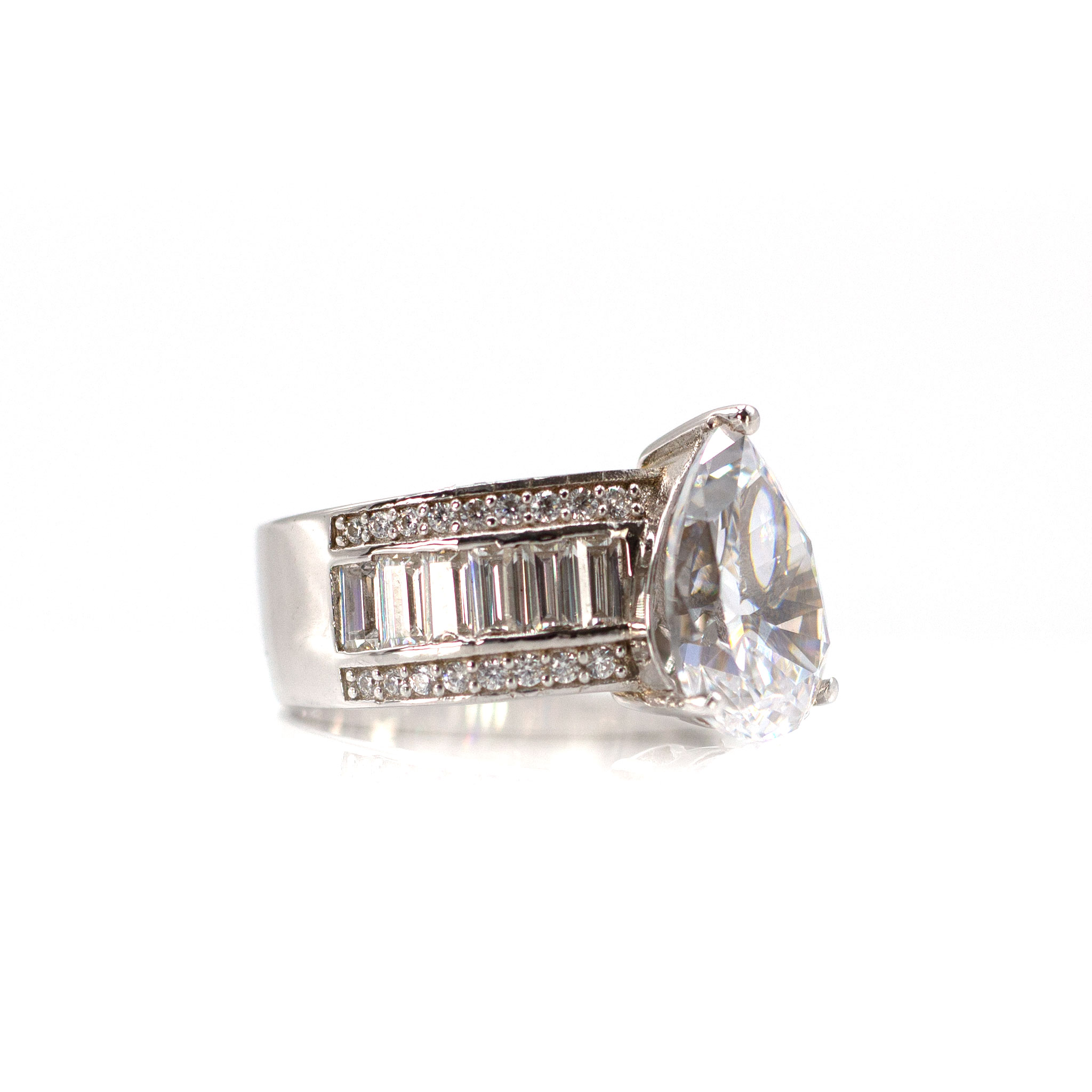 Pearshaped Solitaire & Baguette Zirconia Ring